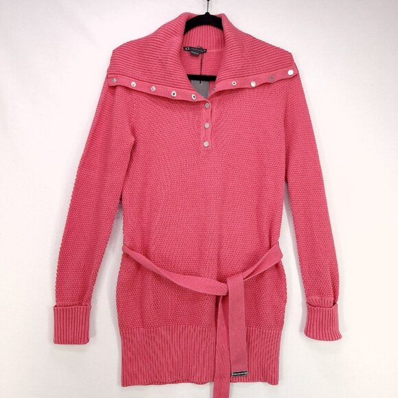 Armani Exchange Tunic Sweater Womens Large Crochet Belted Dress Wide Neck Coral - Picture 1 of 15